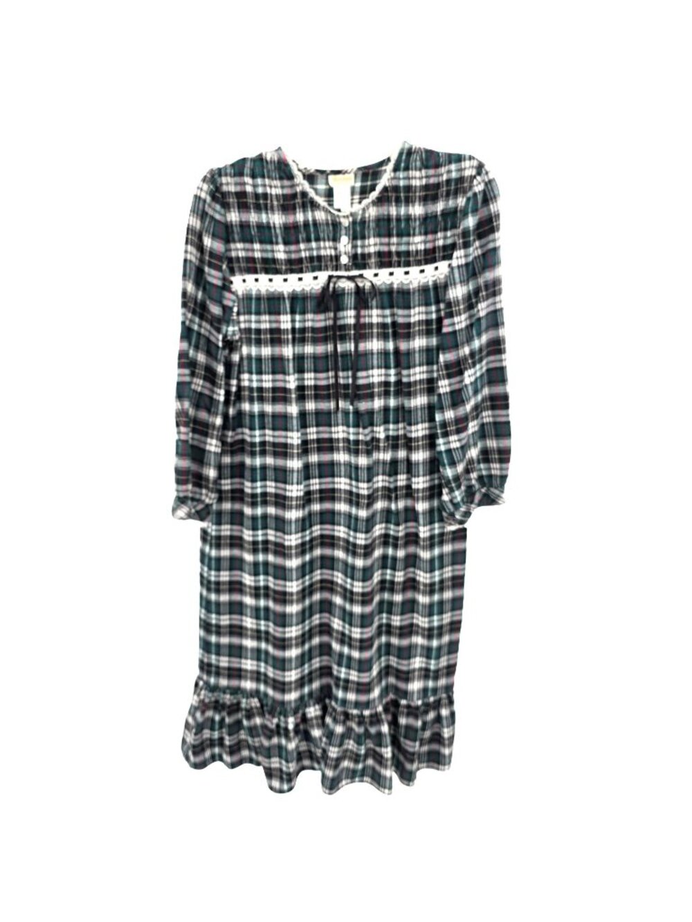 Vintage Barbizon Nightgown Womens L Green Plaid Flannel Ruffle Cottage Prairie